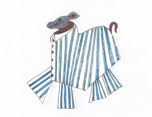 Cartoon-like drawing of an animal in pyjamas