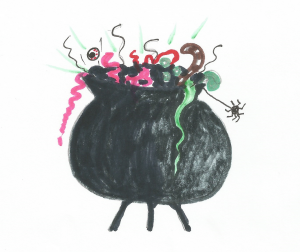 Coloured sketch of a witches' cauldron