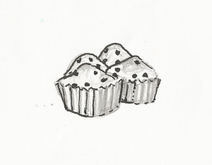 Black and white illustration of four buns