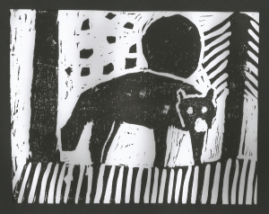 Black and white lino print of a wild beats in a forest