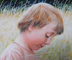 Portrait painting of a small boy in a meadow