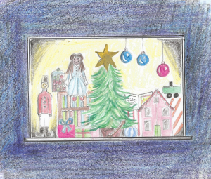 Coloured pencil sketch of an old-fashioned Christmas shop window