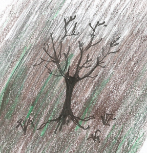 Pencil and pen sketch of a tree in winter