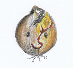 A drawing of a shallot with a face on it