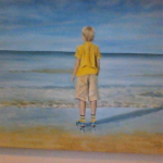 Painting of a young boy looking out to dea